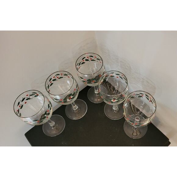 Christmas Holly Berry Gold Confetti Wine Glasses Set of 5 Holiday Stemware 7 In - Picture 9 of 12